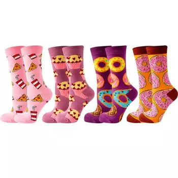 4 пары Новые Модные Красочные Веселые Счастливые Повседневные Женские Носки Платье Харадзюку Милые Мультяшные Кот Собака Лимон Пончик Девушка Хлопковые Носки EU36-43