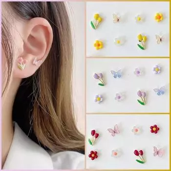 4 пары серег-тюльпанов из цинкового сплава, комплект мини-ювелирных изделий, элегантные женские серьги-гвоздики розовый