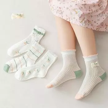 4 пары сетчатых носков для девочек, милые хлопковые носки с мультяшным бантом для детей, школьные носки для детей 1-12 лет 1-3Y