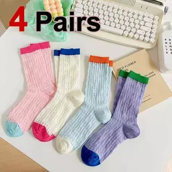 4 пары женских цветных носков средней длины, летние тонкие сетчатые дышащие носки в милом стиле, мягкие и удобные, повседневные носки One Size