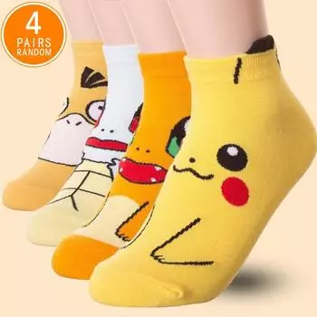 4 пары женских модных носков Four Seasons с рисунком из мультфильмов и аниме Pokmon Versatile Sweet and Cute Pikachu Casual Breathable Short Socks One Size