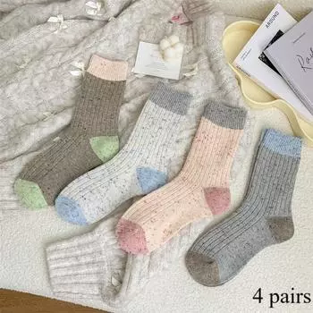 4 пары женских носков из толстой пряжи в горошек, сочетающихся по цвету, теплые махровые носки средней длины, объемные осенне-зимние носки One Size