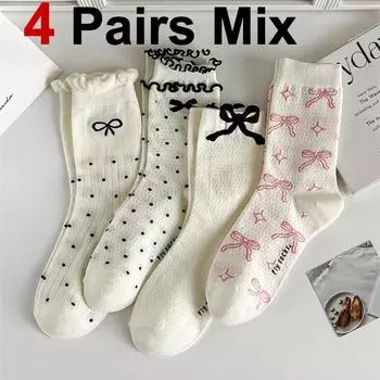 4 пары женских носков средней длины с бантом, летние легкие, впитывающие пот, дышащие, мягкие, удобные, повседневные носки One Size