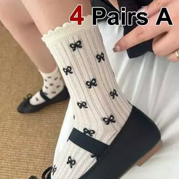 4 пары женских носков средней длины с бантом в горошек, летние тонкие, легкие, дышащие, с цветочной каймой, милые, девчачьи, с ворсом в виде сердца One Size