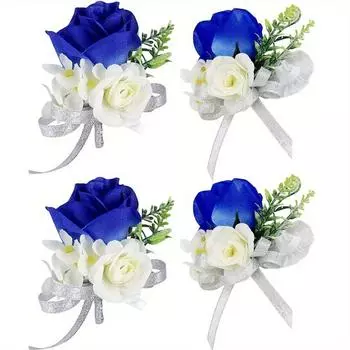 4 PCS Artificial Hand Flower with Ribbon Silk Roses Boutonniere Wrist Flower Artificial Corsage with Clip and Ribbon for Bride Groom Wedding Prom 4 Pcs синий