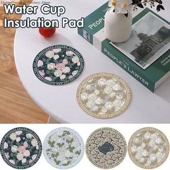 4 Pcs Pastoral Style Table Insulation Pad 17cm Round Placemat Cutlery Mat Waterproof Oil Proof Coaster Heat-resistant Coffee Mat 17cm