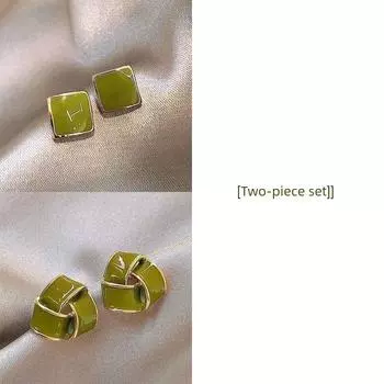 [4 PCs Set] Green Ear Studs 2023 New Arrival Minimalist Exquisite Refined Grace Petite Earrings Easiest for Match Special-Interest Earrings Square + Triangle [two pairs]]