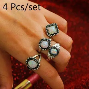 4 Pcs/set Rings Set Natural Gemstone Fire Opal Ring