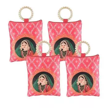 4 Pcs Silk Small Hand Bags for Women Stylish with Zip & Handle | Traditional Handheld Bags for Women | Ethnic Ladies Purse Handbag for Return Gifts