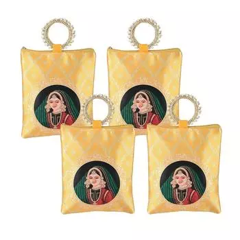 4 Pcs Silk Small Hand Bags for Women Stylish with Zip & Handle | Traditional Handheld Bags for Women | Ethnic Ladies Purse Handbag for Return Gifts