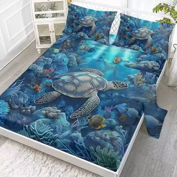 4-Piece Bed Sheet Set For Sea Turtles, Including 1 Flat Sheet, 1 Extra-Large Flat Sheet, 2 Pillowcases (Blue Tone, Seaside View) 99cmx199cm