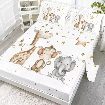 4-Piece Bed Sheet Set Of Starry Animals, Including 1 Flat Sheet, 1 Extra-Large Flat Sheet, 2 Pillowcases (Cartoon, Children) 99cmx199cm