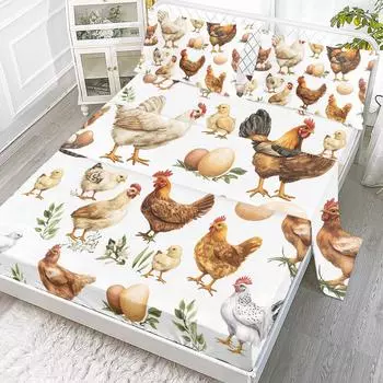 4-Piece Chicken Egg Bed Sheet Set, Including 1 Flat Bed Sheet, 1 Extra-Large Bed Sheet, 2 Pillowcases (Farmhouse, Living) 99cmx199cm