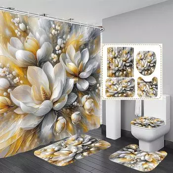 4-Piece Magnolia Flowers Shower Curtain Set Dreamy Beauty Bathroom Set with Shower Curtain and Rugs, Gold White and Gray Bath Cu 90x180cm