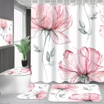4-Piece Pink Flowers Shower Curtain Set Floral Leaves Bathroom Set with Shower Curtain and Rugs, Pink White Minimalist Bath Curt 90x180cm
