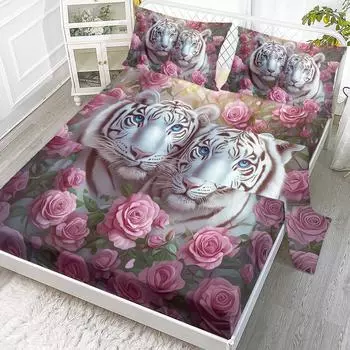 4 Pieces Bed Sheet Set Of Baihu Garden, Including 1 Flat Bed Sheet, 1 Super King Size Bed Sheet, 2 Pillow Cases (Couple) 99cmx199cm