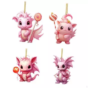 4 Pieces Christmas Tree Pink Dragon Baubles Pendants 3.1inch Tall Multipurpose Xmas Decoration for
