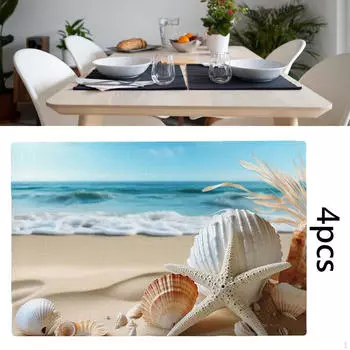 4 Pieces Linen Dining Mats Heat Resistant Table Anti Skid Beach Placemat Modern for Kitchen C