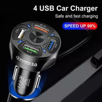 4-port USB car charger with LED Display QC 3.0 for Fast Charging of iOS and Android devices, black color