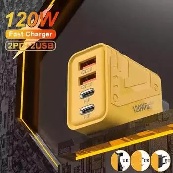 4 порта USB C PD зарядное устройство быстрая зарядка 3.0 тип C USB зарядные устройства для телефонов адаптер быстрой зарядки для iPhone 16 15 14 Samsung Xiaomi Huawei US Plug жёлтый