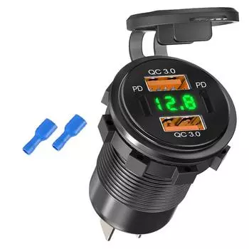 4-Ports USB Quick Charger Aluminum Dual PD & Dual QC3.0 Car Charger with LED Voltmeter for 12V/24V Cars Boats Motorcycle
