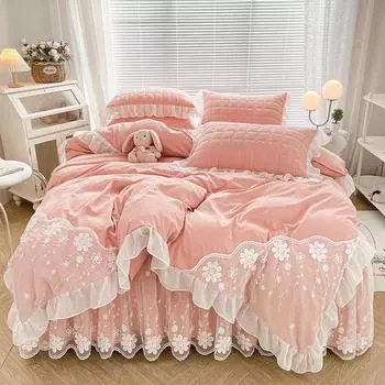 4 предмета, кружевной комплект пододеяльников из полиэстера с вышивкой, комплект королевского размера с простыней, комплект двуспального постельного белья, кружевная юбка-кровать с 2 наволочками 1.5x2m-59x79inch bed розовый