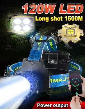4 ядра 120 Вт светодиоды мощный налобный фонарь перезаряжаемый налобный фонарь 3 режима водонепроницаемый налобный фонарь дальнего действия 1500 м Without batteries charger