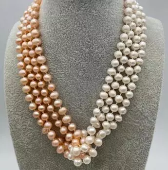 4 ряда 7-8 мм круглое белое розовое ожерелье из культивированного пресноводного жемчуга