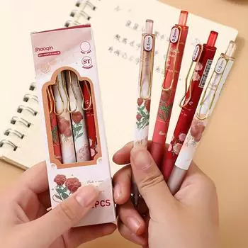 4 шариковые ручки с романтическим рисунком розы, 0,5 мм, симпатичные нейтральные ручки с мультяшными героями, школьные канцелярские принадлежности, подарки, канцелярские принадлежности