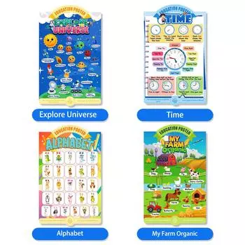 4 Sheets/Set Of Children S Early Education Wall Charts Universe Farm Animal Alphabet Clock Cognitive Education Posters