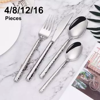 4 шт., 8 шт., 12 шт., 16 шт., набор золотых столовых приборов из нержавеющей стали 304, столовая посуда, набор для ужина в западном стиле, зеркальный серебряный нож, вилка, ложка, столовые приборы 1 Set 4 Pieces