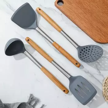 4 шт. антипригарная посуда силиконовые кухонные принадлежности набор столовых приборов термостойкая суповая ложка деревянная ручка бытовые кухонные принадлежности