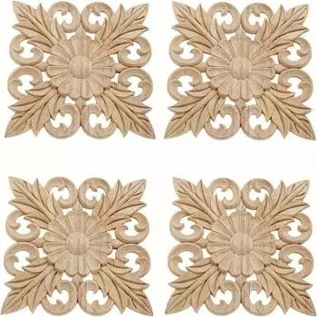 4 шт. Аппликации из дерева, квадратные цветочные резные наклейки для стены, зеркала, шкафа, комода, тумбы светло-желтого