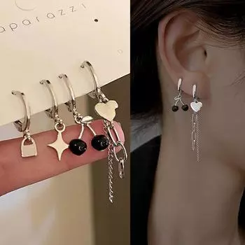 4 шт. асимметричные серьги-подвески в форме сердца с вишней, серебристого цвета, элегантный набор сережек, трендовые серьги для девушек и женщин 4pcs