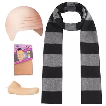4 шт. аксессуары для костюмов для взрослых, мужчин и женщин, комплект для косплея, черный, серый полосатый шарф/накладной нос/лысина, парик, кепка One Size чёрный