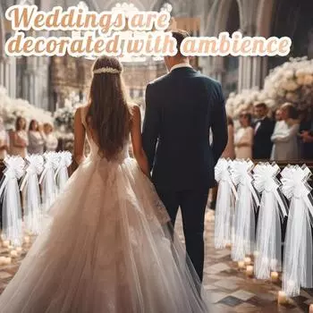 4 шт. белые банты для свадебной скамьи из тюля, украшения для церковного прохода, свадебные стулья для девичника, длинные акценты из тюля 1 Set