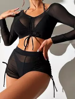 4 шт. бикини 2024 г., женский купальник с завязками, топ и шорты, женский купальник с бретелькой через шею, купальный костюм для плавания, сетчатый пляжный костюм S