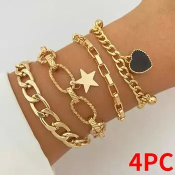 4 шт. \ богемный женский золотой браслет с кисточками, элегантный браслет со звездами, геометрические бусины в виде листьев, многослойный браслет, набор браслетов с подвесками золотой