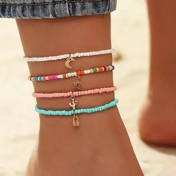 4 шт., цепочки для ног, яркий цвет, изысканный кулон, привлекательный красочный женский эластичный браслет из бисера, ювелирные изделия, подарок на день рождения