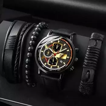 4 шт. Черные кварцевые часы-браслет для мужчин, деловые, повседневные, круглые часы из искусственной кожи, браслеты, наборы, календарь, светящиеся часы