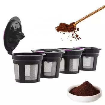 4 шт., черный/фиолетовый многоразовый фильтр для кофемашины, подходит для Keurig 1,0/2,0 с ложкой и кистью чёрный