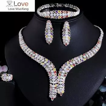 4 шт., цветное ожерелье с крупными листьями и фианитами, белое золото, комплект ювелирных изделий Naija Dubai Bride для свадебного торжества T657 Resizable