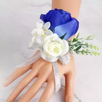 4 шт. Цветок на запястье Шелковые розы Бутоньерка Искусственный цветок для руки с лентой Искусственный корсаж с зажимом и лентой для невесты Жениха Свадебный выпускной 4 Pcs синий