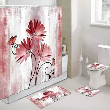 4 шт., деревенский фермерский дом, занавески для душа, ферма, шалфей, зеленая ромашка, цветочные шторы для аксессуаров для ванной комнаты, набор, занавеска для ванны с крючками, водонепроницаемая 4Pcs