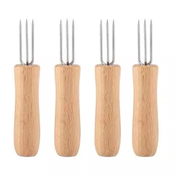 4 шт. деревянная ручка из нержавеющей стали для барбекю, мяса, фруктов, держатель для кукурузы