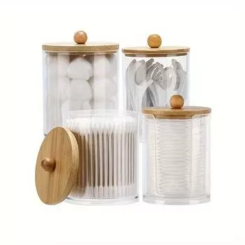 4 шт. держатель для ватных палочек - 10 унций, 12 унций органайзеры для ванной комнаты контейнеры для хранения, прозрачные пластиковые аптекарские банки с деревянной крышкой