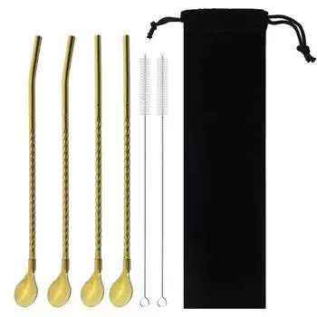 4 шт. длинные соломенные ложки из нержавеющей стали, совок для кофе, фруктового сока, прямая многоразовая соломенная ложка для коктейлей, помешивания, питья серебряный