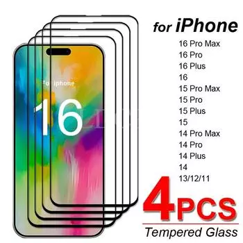 4 шт. для Apple iPhone 16 Pro Max Glass закаленное стекло HD Flim защитная пленка для экрана iPhone 16 15 14 13 12 11 Pro Max Glass iphone 11 чистый