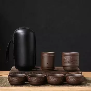 4 шт. фиолетовых глиняных чайных чашки, 1 шт. чайник и фильтр для чая, все в портативной сумке, китайская чайная культура, чайный набор кунг-фу, дорожный чайный пакетик Six-piece Set