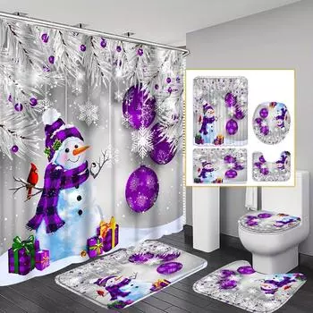 4 шт., фиолетовый комплект занавесок для душа «Снеговик», набор для ванной комнаты, включая водостойкую занавеску для душа, нескользящий ковер, чехол для унитаза, коврик для ванной 4pcs-Full Set